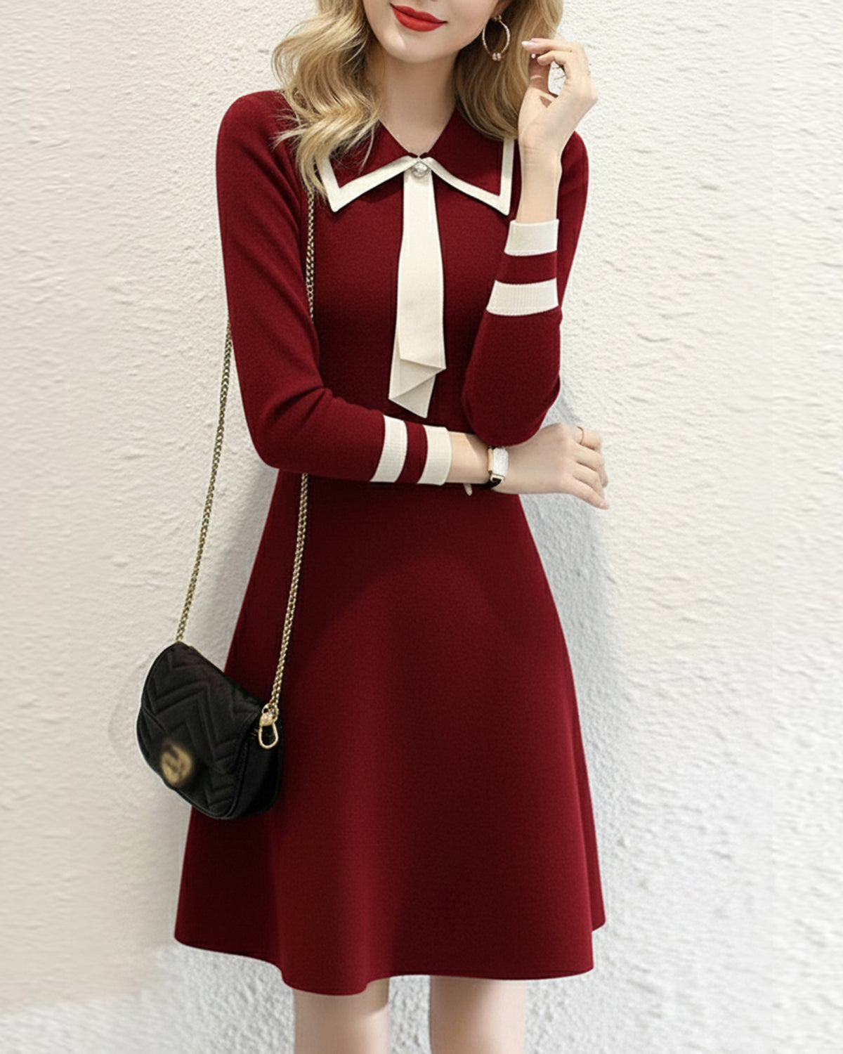 Chic Contrast Collar Knit Dress – Timeless Preppy Elegance