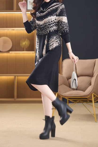 Women's Fall Knit Ribbed Sleeve Sweater Midi Dress