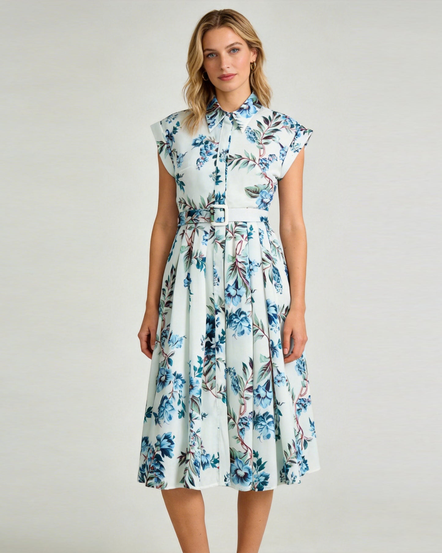 Blue Floral Belted Midi Dress – Coastal Heirloom Style