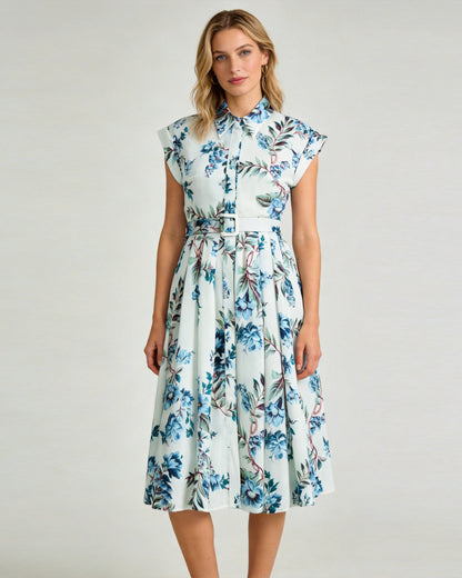 Blue Floral Belted Midi Dress – Coastal Heirloom Style