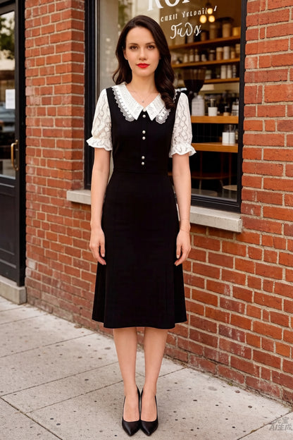 Women's Peter Pan Collar Short Sleeve Pocket Midi Dress - LAI MENG FIVE CATS