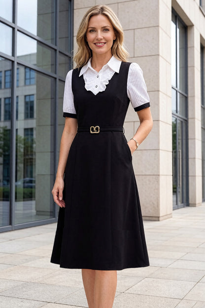 Women's Lapel V-Neck Pocket Short Sleeve Midi Dress - LAI MENG FIVE CATS