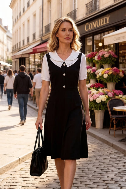 Women's Peter Pan Collar Short Sleeve A-line Midi Dress - LAI MENG FIVE CATS