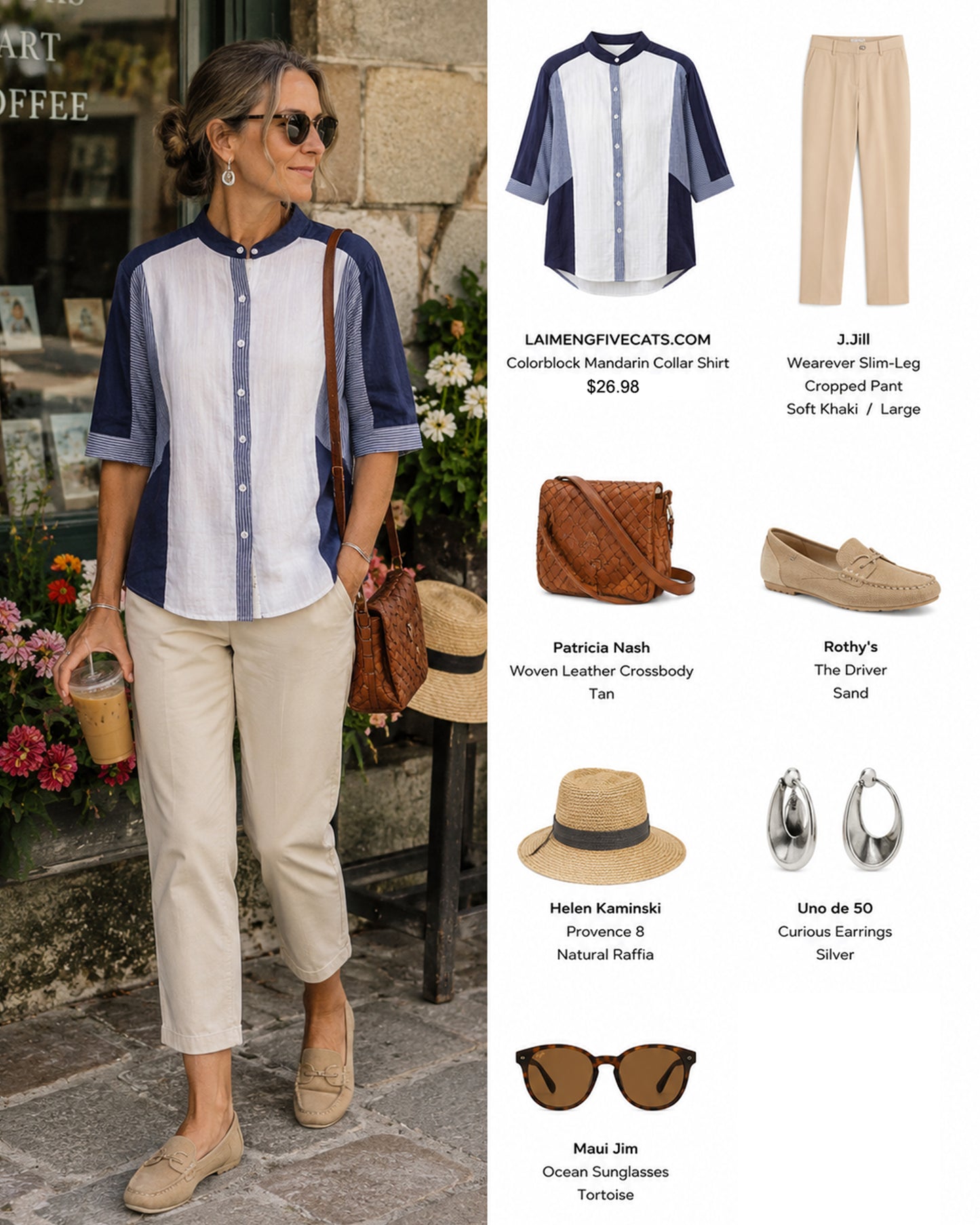Cotton Colorblock Mandarin Collar Shirt – White & Navy
