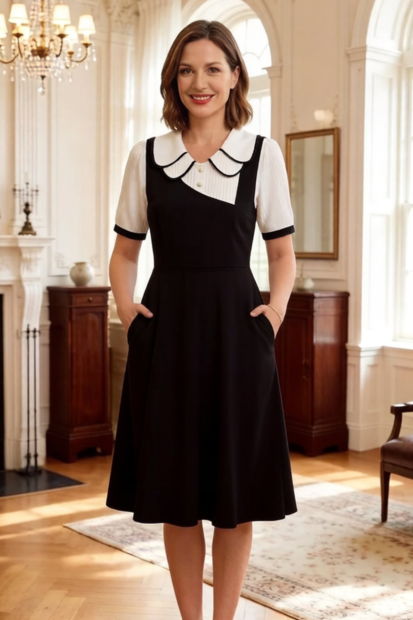 Women's Peter Pan Collar Short Sleeve Pocket Midi Dress - LAI MENG FIVE CATS