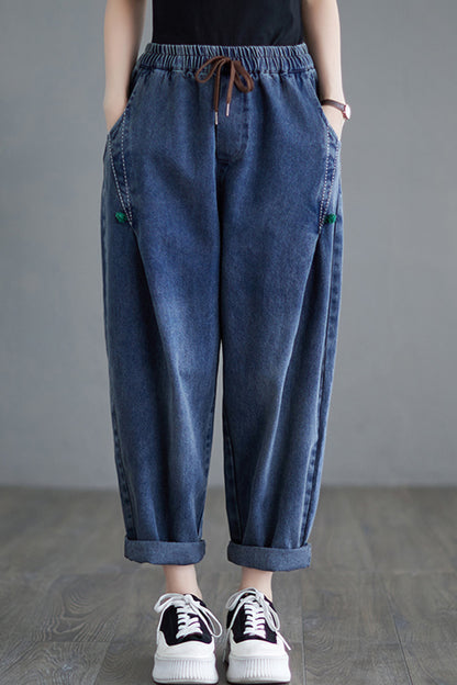 Women Loose Jeans Denim Harem Pants Elastic Waist