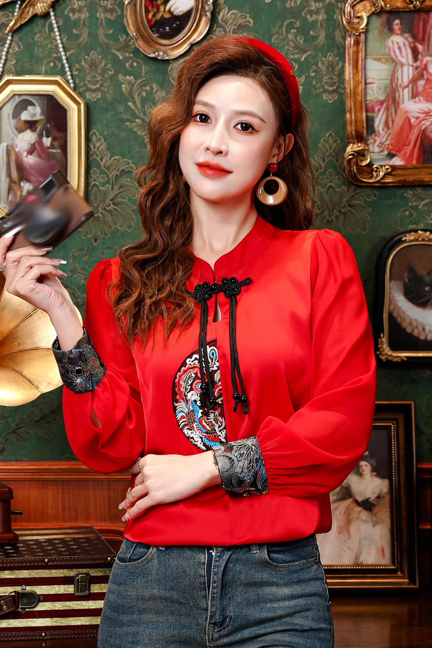 Women's Silk Satin Top Embroidered  Jacquard Shirt