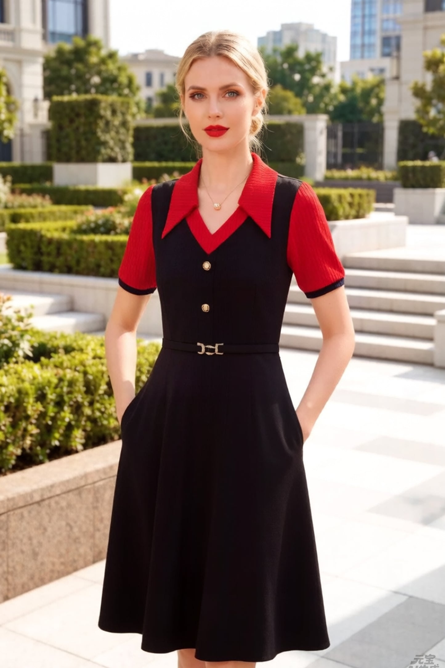 Women's Lapel V-Neck Pocket Short Sleeve Midi Dress - LAI MENG FIVE CATS