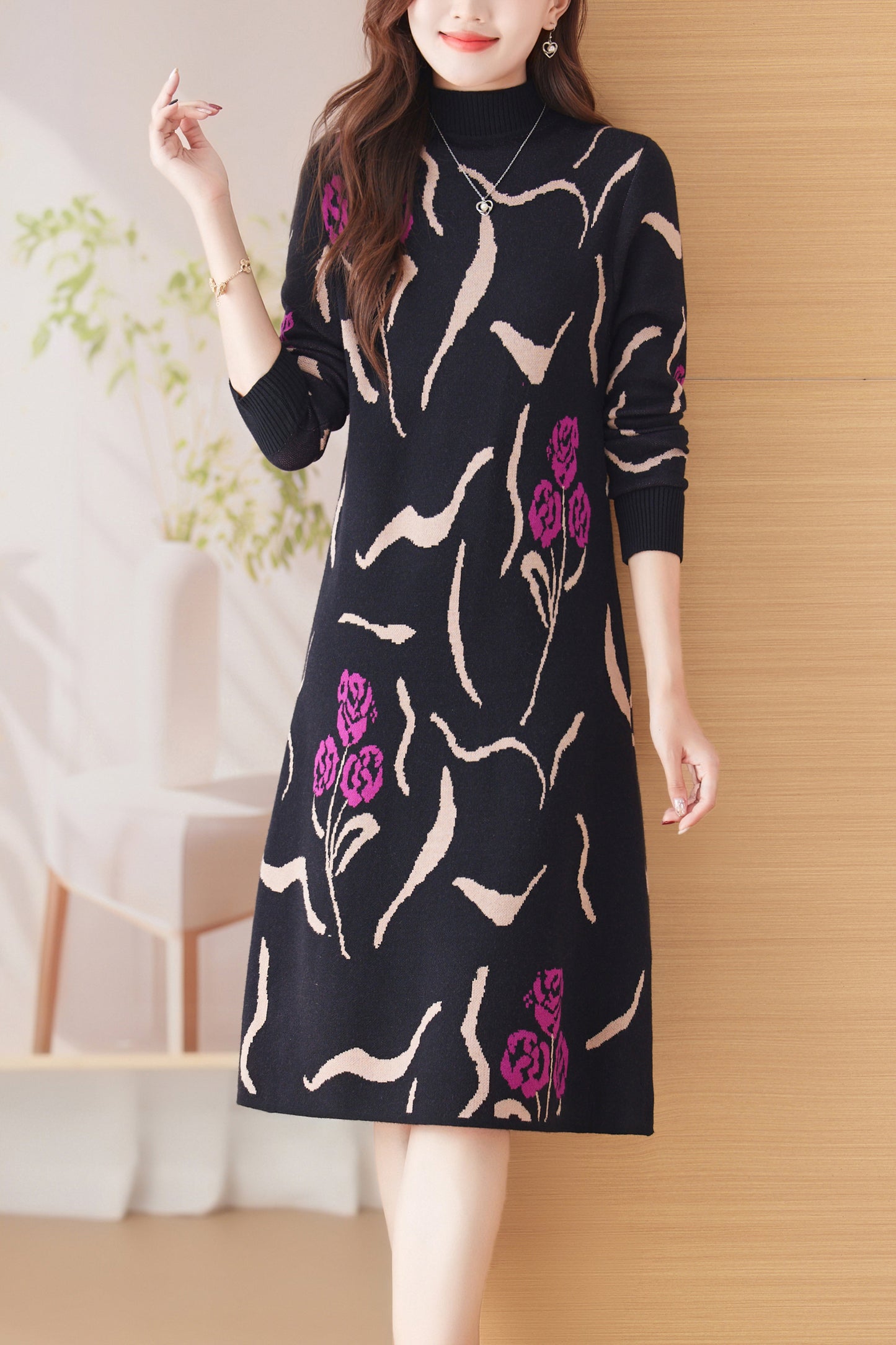 Knit Stretch Pattern Pullover Midi Dress