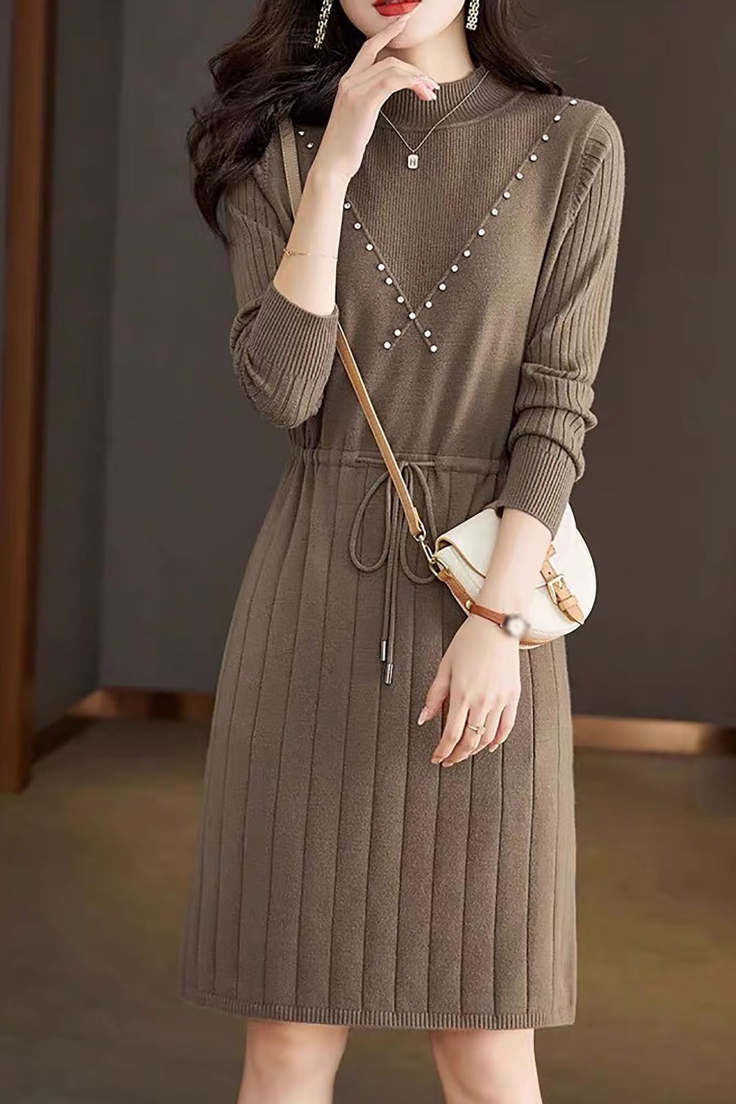 Knit Solid Pullover Mini Dress with Drawstring