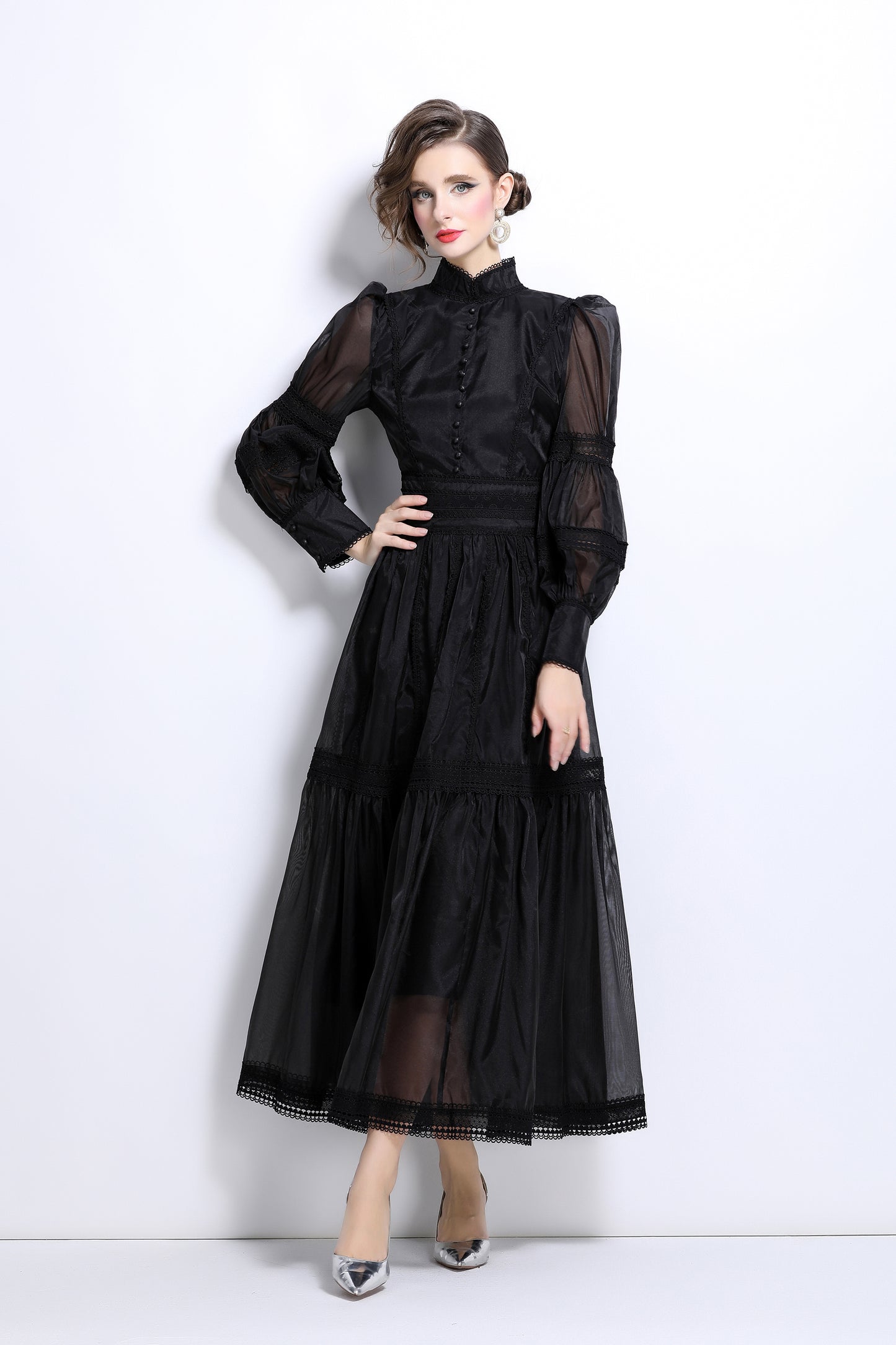 Princess Puff Sleeves Layered Hem Maxi Dress