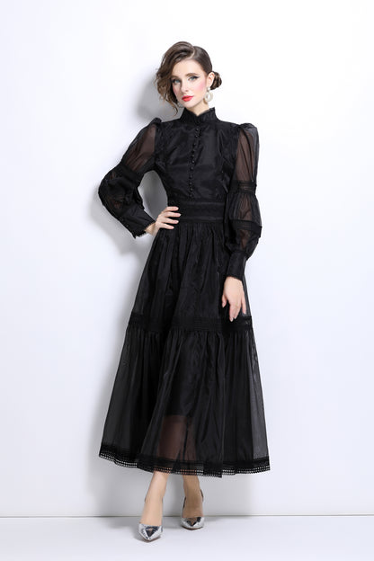 Princess Puff Sleeves Layered Hem Maxi Dress