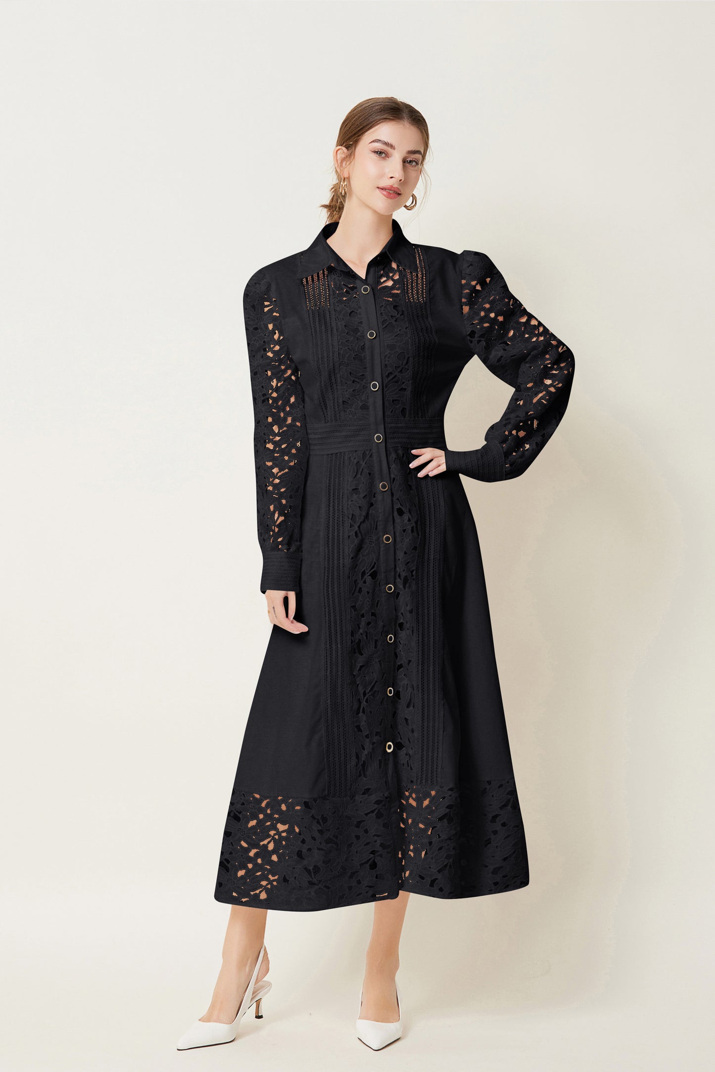 Lapel Long Sleeves Lace Buttons Maxi Dress