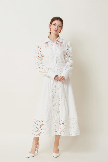 Lapel Long Sleeves Lace Buttons Maxi Dress