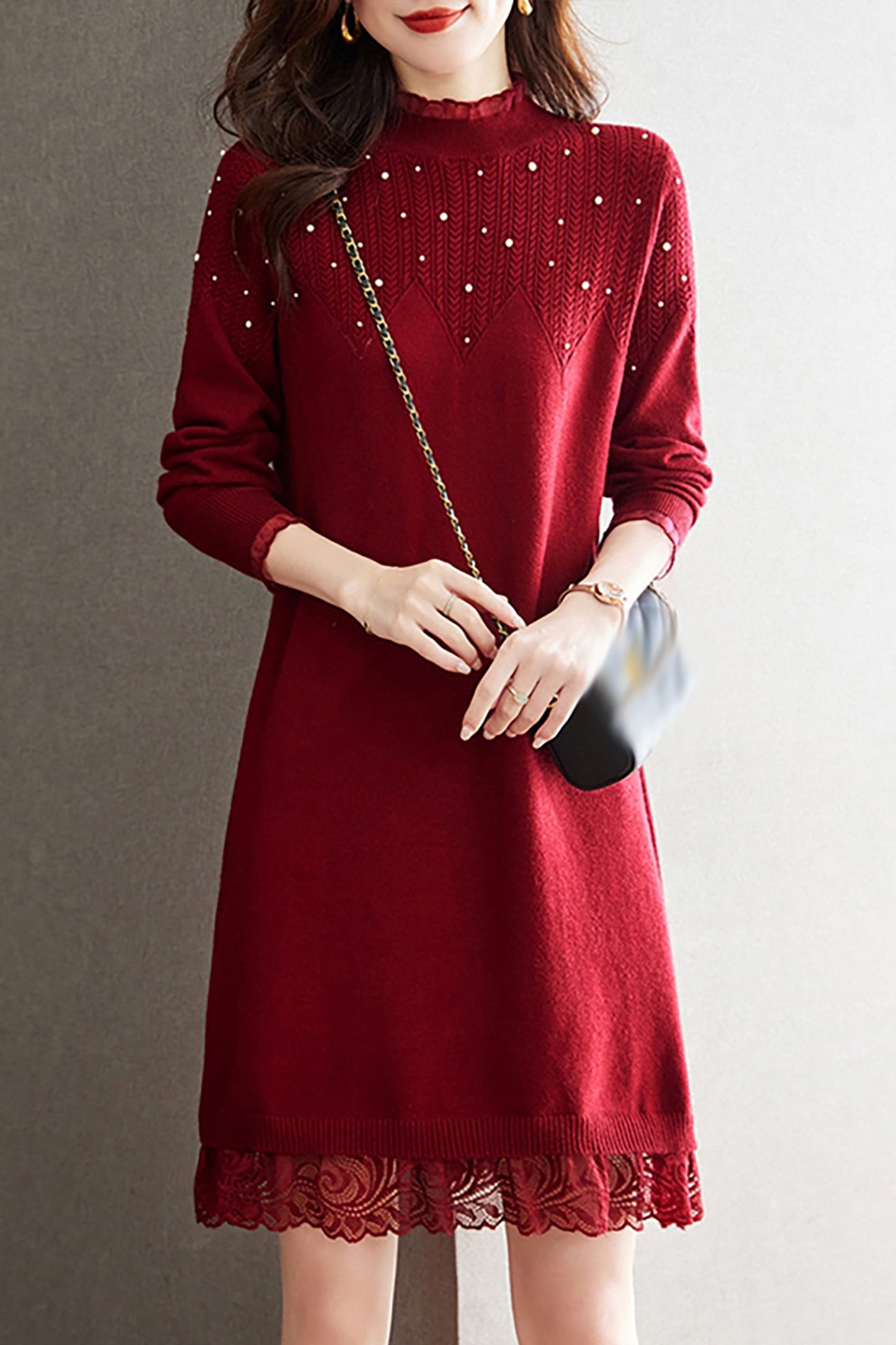 Lace Patchwork Shiny Beads Mini Sweater Dress