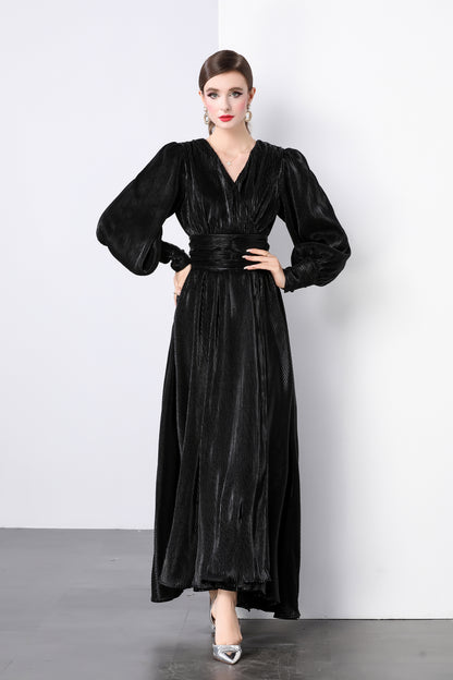 V-neck Puff Sleeves High Waist Maxi Dress