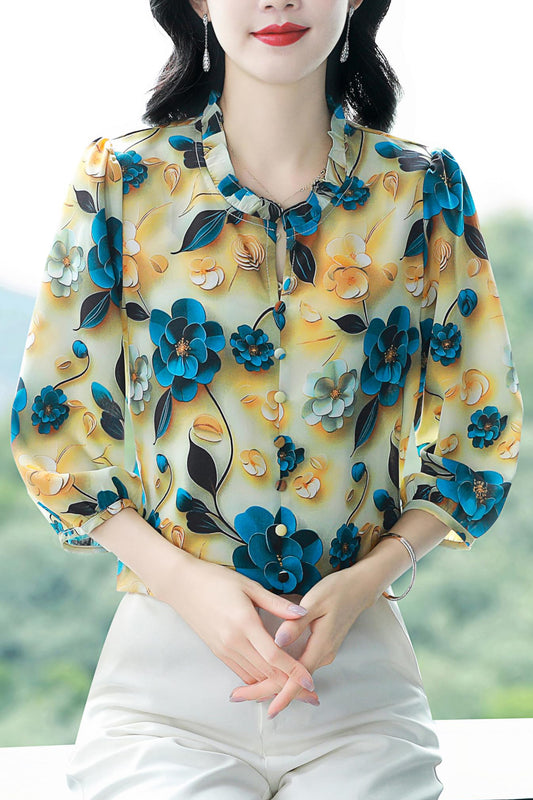 Floral Print Puff Sleeve Button Top