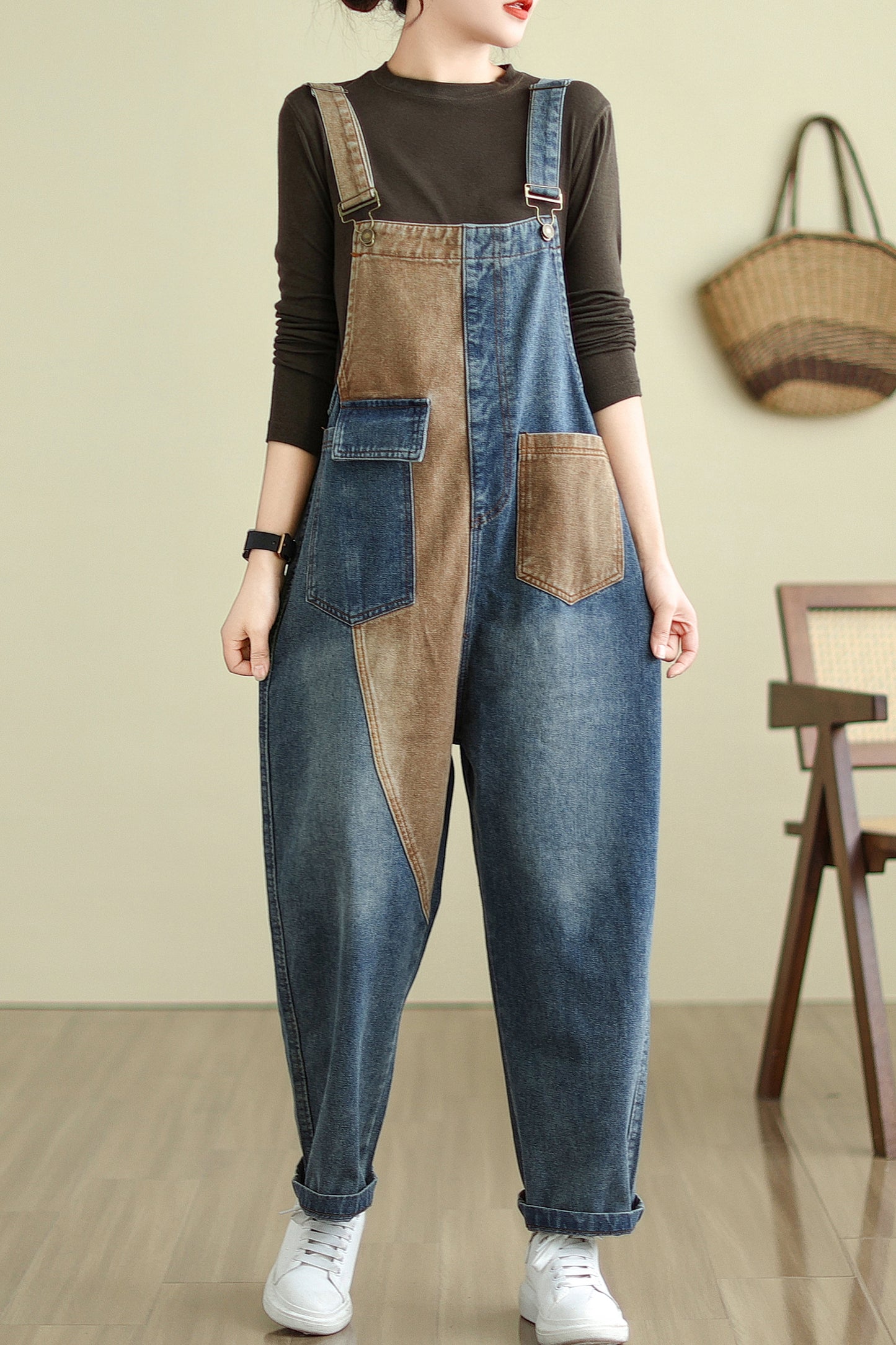 Stretchy Loose Bib Overalls with Pockets