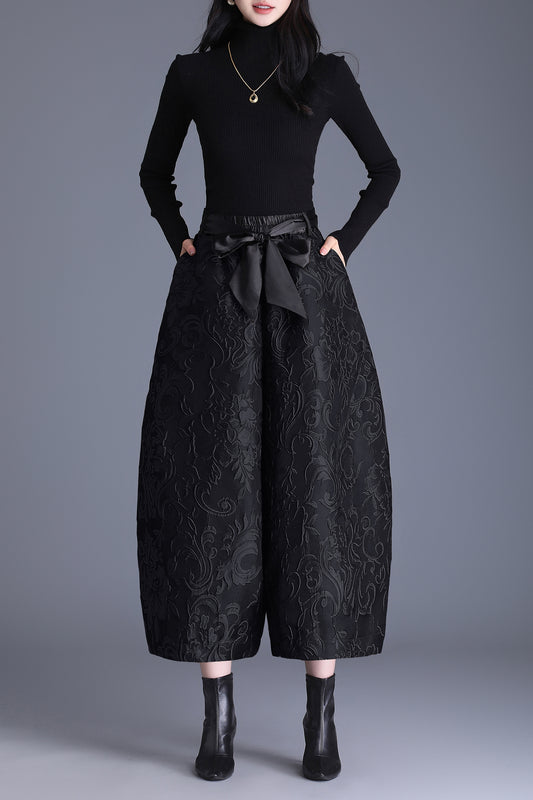 High Waisted Jacquard Cropped Loose Pants