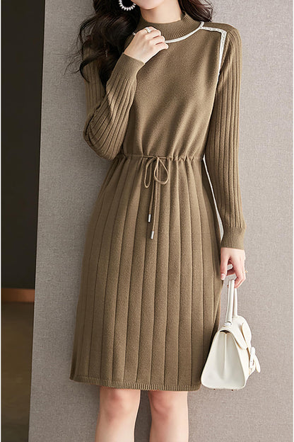 Knit Tied Pleated A-Line Mini Dress