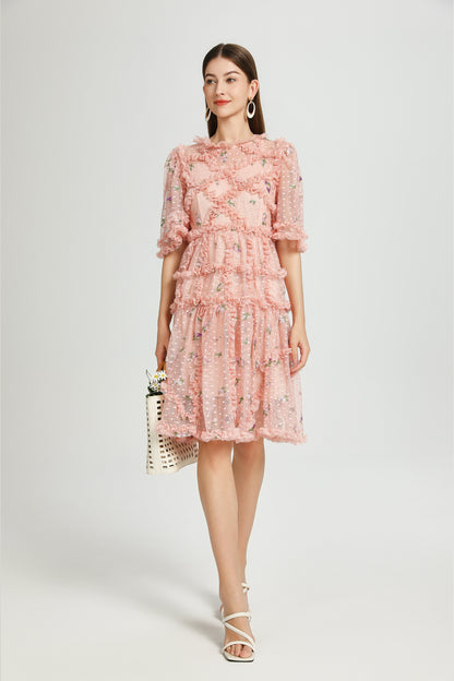 Pink Floral Embroidered Mesh Mini Dress