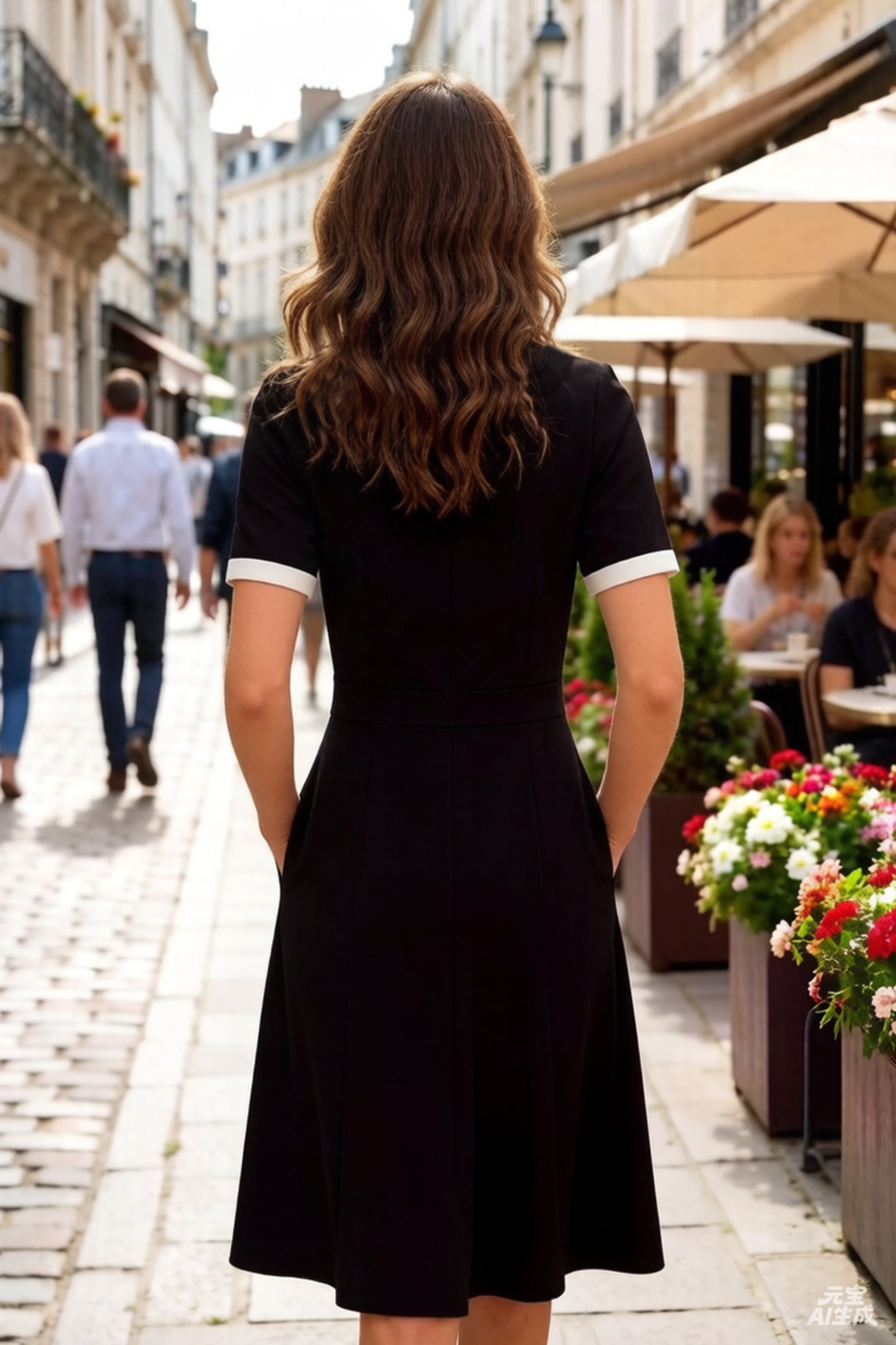 Women's Peter Pan Collar Short Sleeve Pocket Midi Dress - LAI MENG FIVE CATS