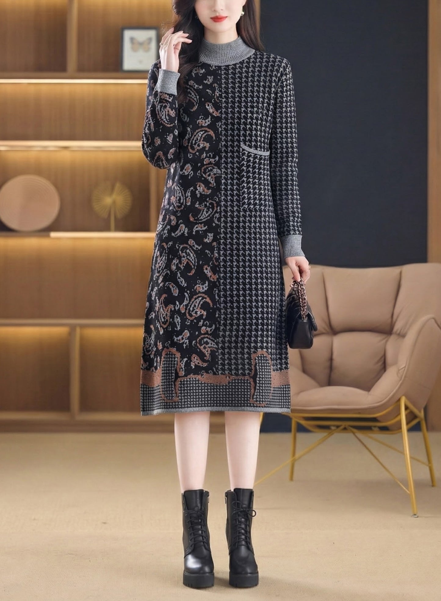 Women's Long Sleeve Knit Sweater Dress With Pocket