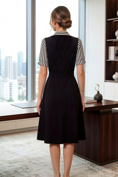 Women's Lapel V-Neck Pocket Short Sleeve Midi Dress - LAI MENG FIVE CATS