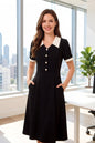 26-Women's Lapel V-Neck  Pockets Midi Dress