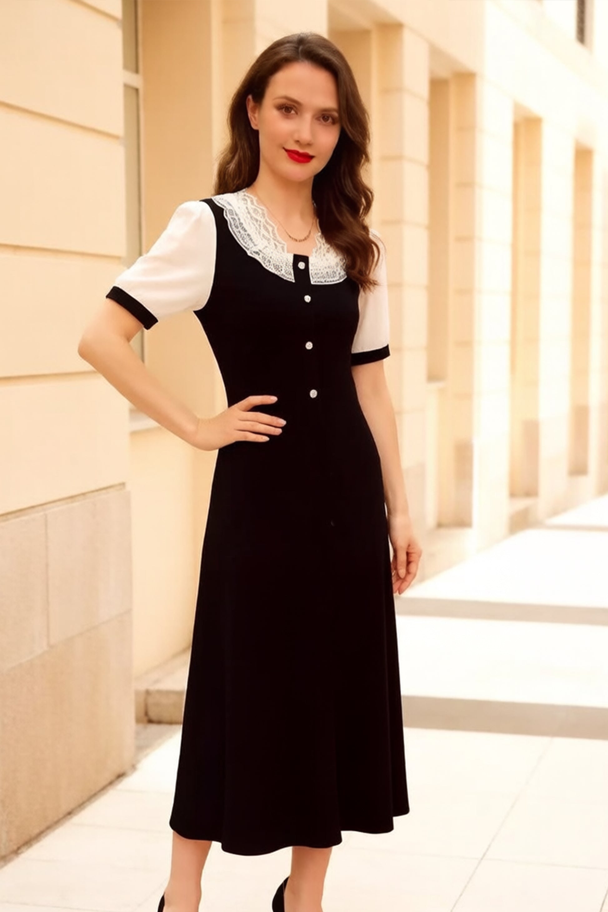 Women's Peter Pan Collar Short Sleeve A-line Midi Dress - LAI MENG FIVE CATS