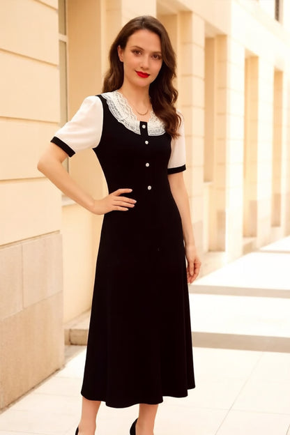 Women's Peter Pan Collar Short Sleeve A-line Midi Dress - LAI MENG FIVE CATS