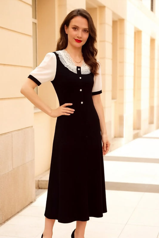 Women's Peter Pan Collar Short Sleeve A-line Midi Dress - LAI MENG FIVE CATS