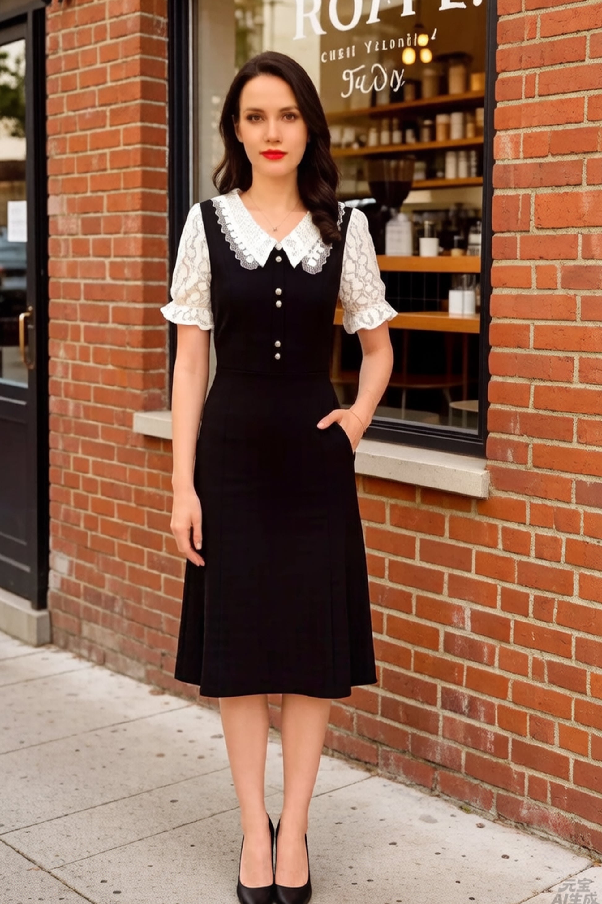 Women's Peter Pan Collar Short Sleeve Pocket Midi Dress - LAI MENG FIVE CATS