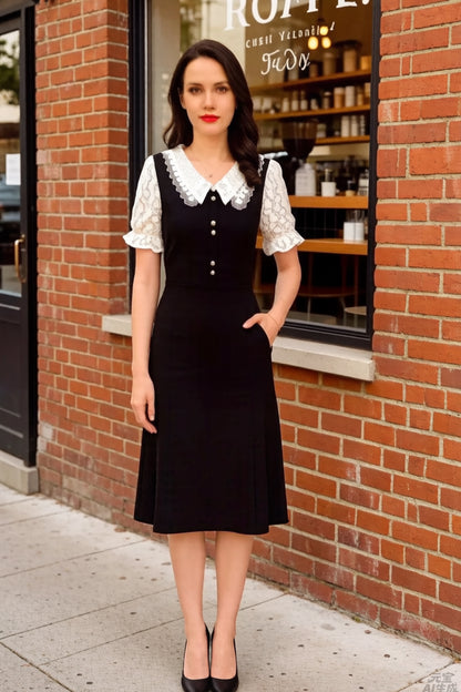Women's Peter Pan Collar Short Sleeve Pocket Midi Dress - LAI MENG FIVE CATS