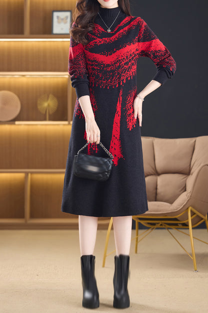 Women's Fall Knit Ribbed Sleeve Sweater Midi Dress