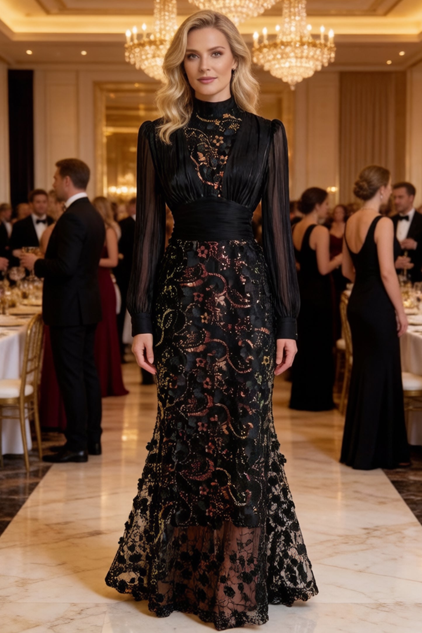 Elegant Sequin Embroidered 3D Floral Maxi Evening Dress