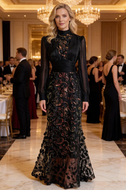 Elegant Sequin Embroidered 3D Floral Maxi Evening Dress