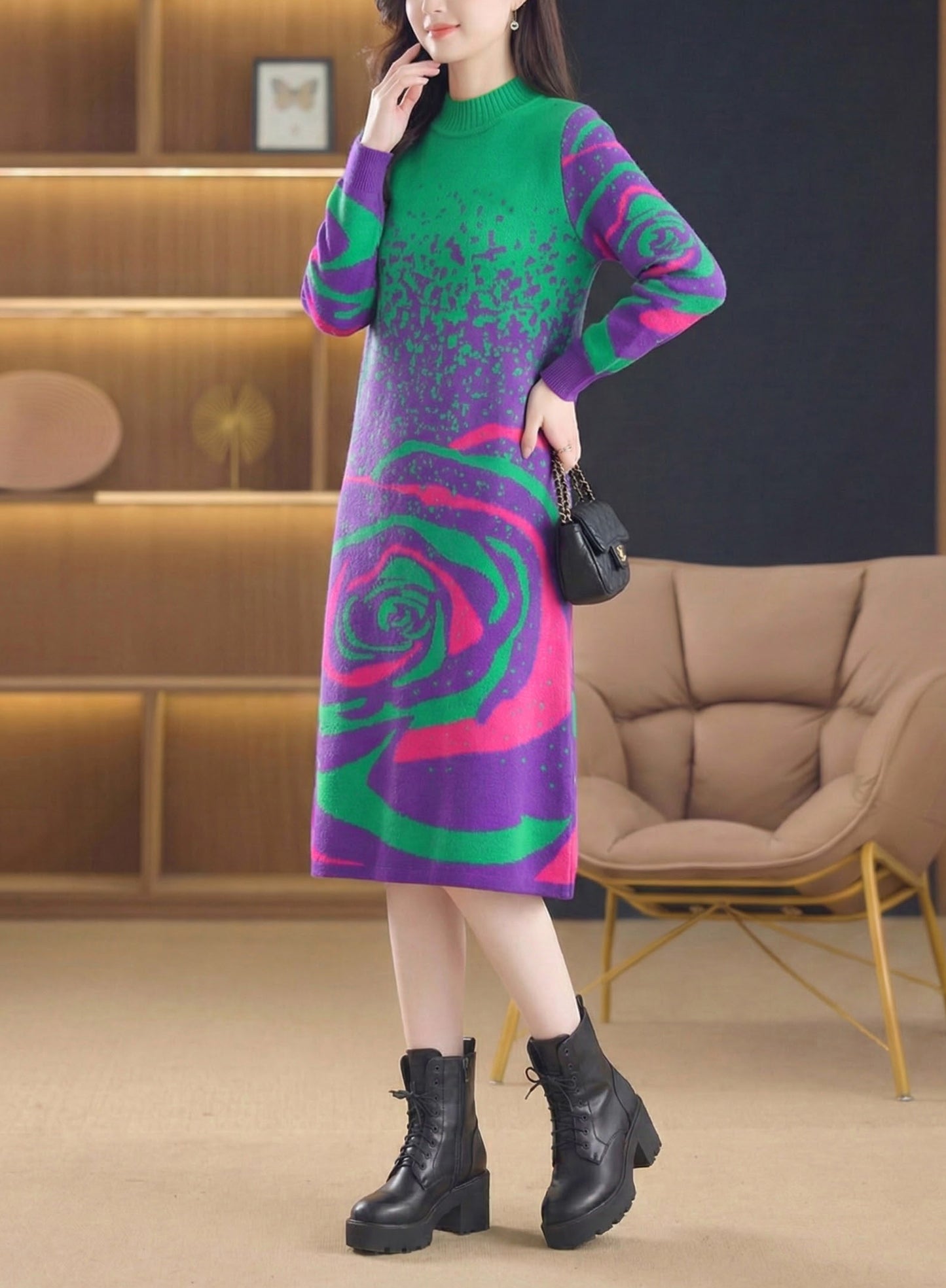 Women's Turtleneck Long Sleeve Knit Sweater Dress