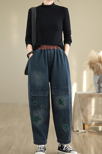 Women Loose Jeans Denim Pants Elastic Waist