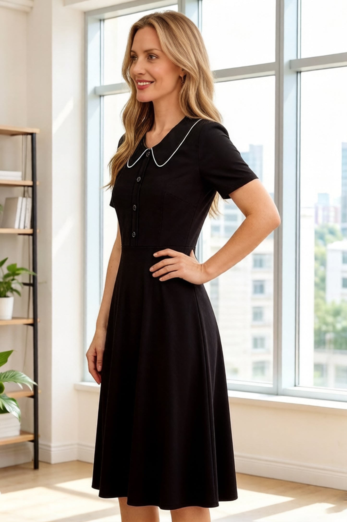 26-Women's Peter Pan Collar Short Sleeve Midi Dress