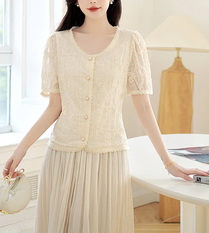 Embroidered Eyelet Blouse | Breathable Cotton with Lace Trim