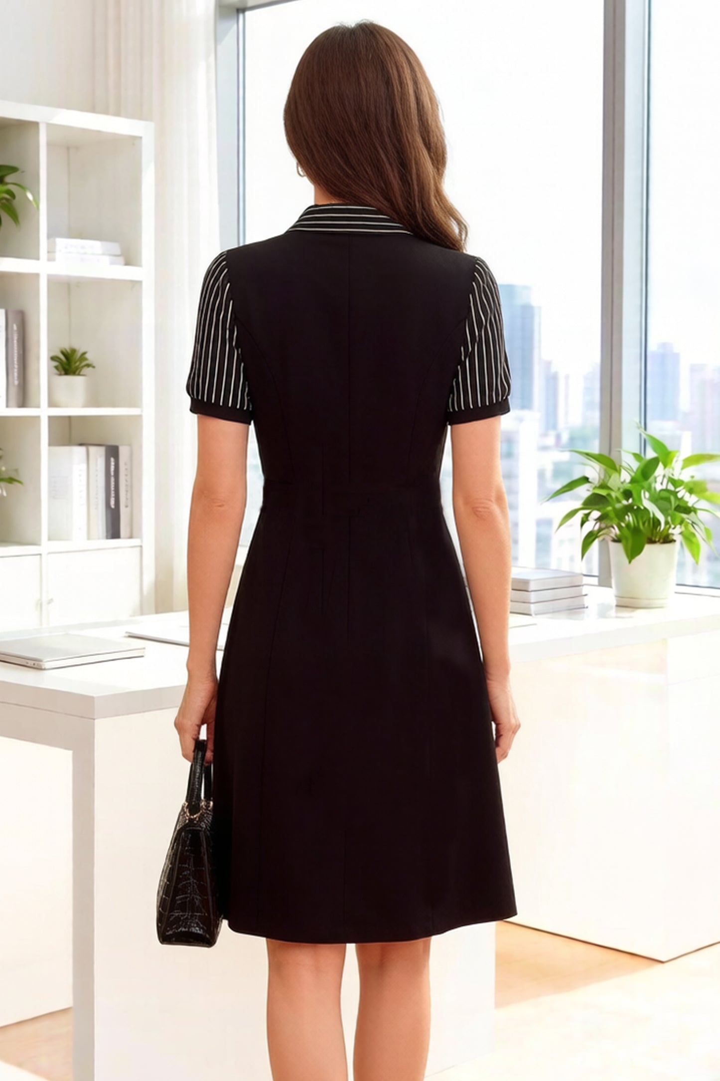 26-Women's Lapel V-Neck  Pockets Midi Dress