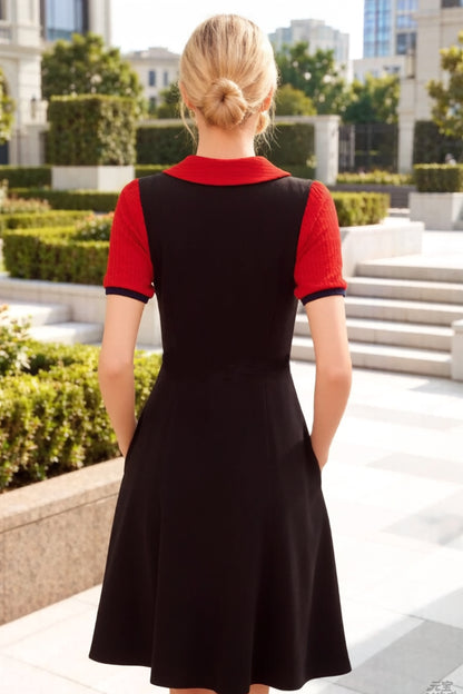 Women's Lapel V-Neck Pocket Short Sleeve Midi Dress - LAI MENG FIVE CATS