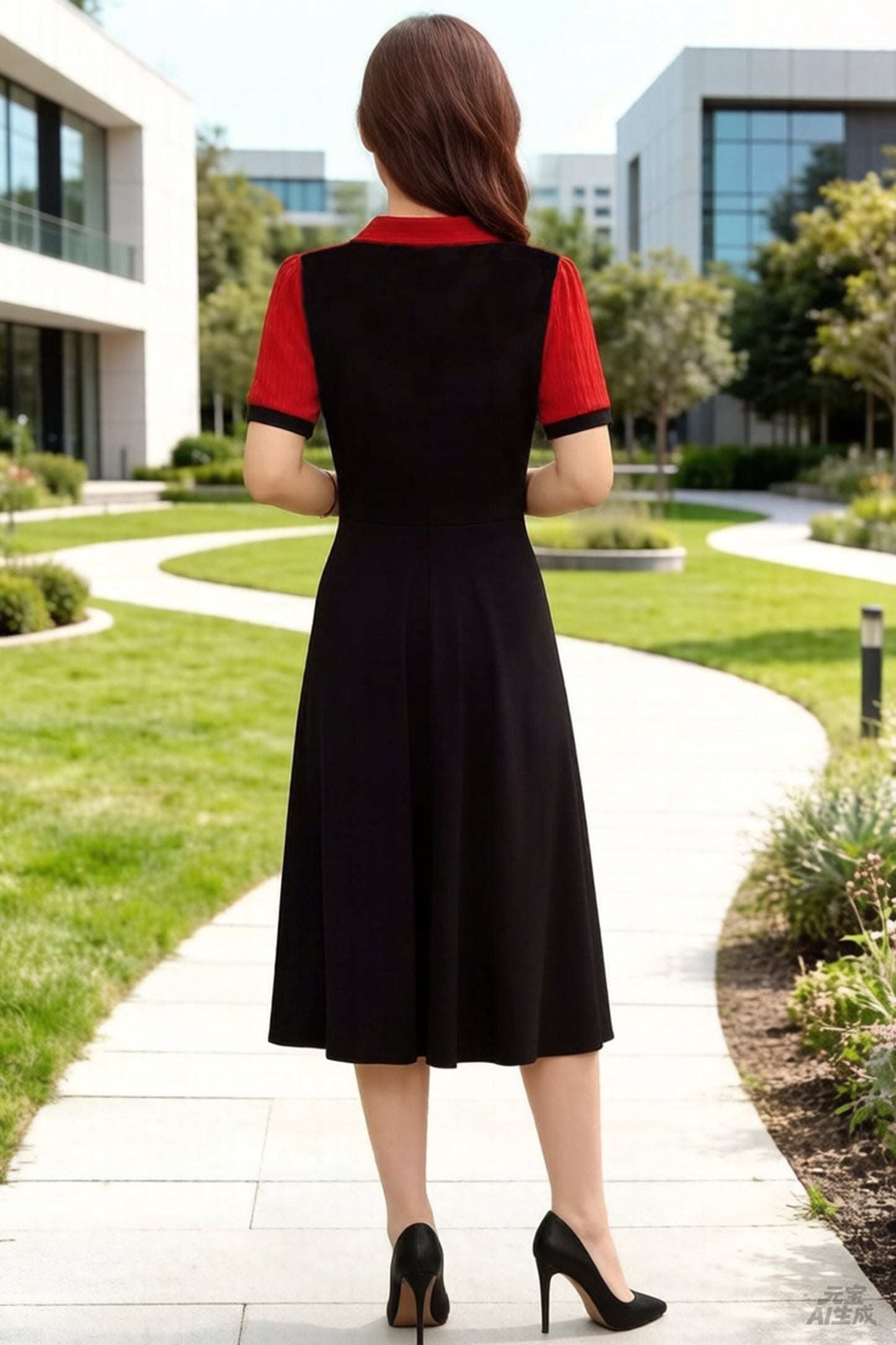 Women's Lapel V-Neck Pocket Short Sleeve Midi Dress - LAI MENG FIVE CATS