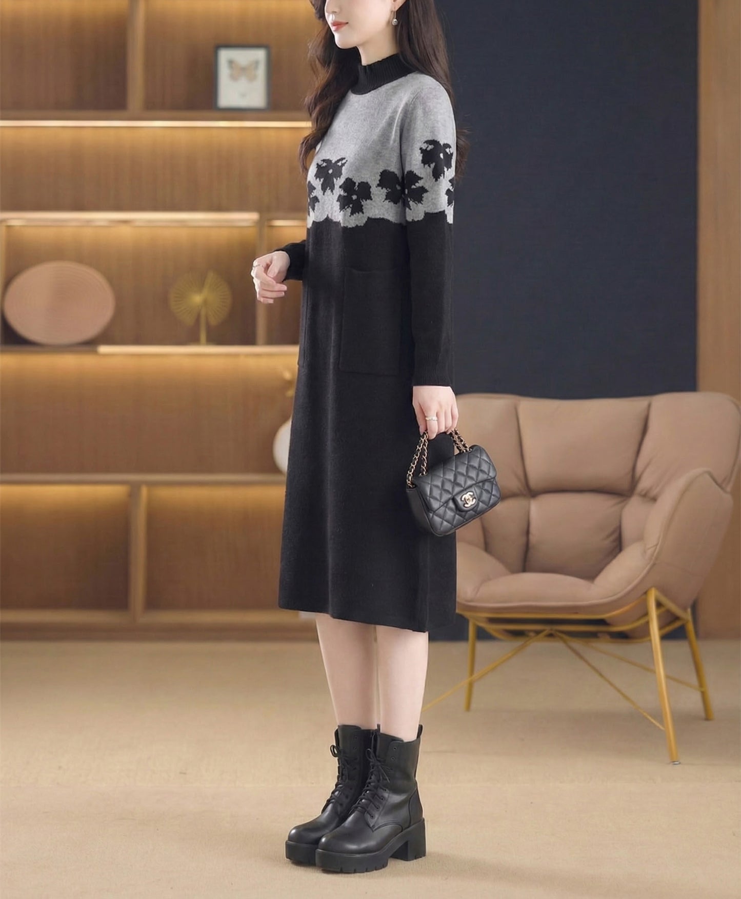 Women's Long Sleeve Knit Sweater Dress With Pocket