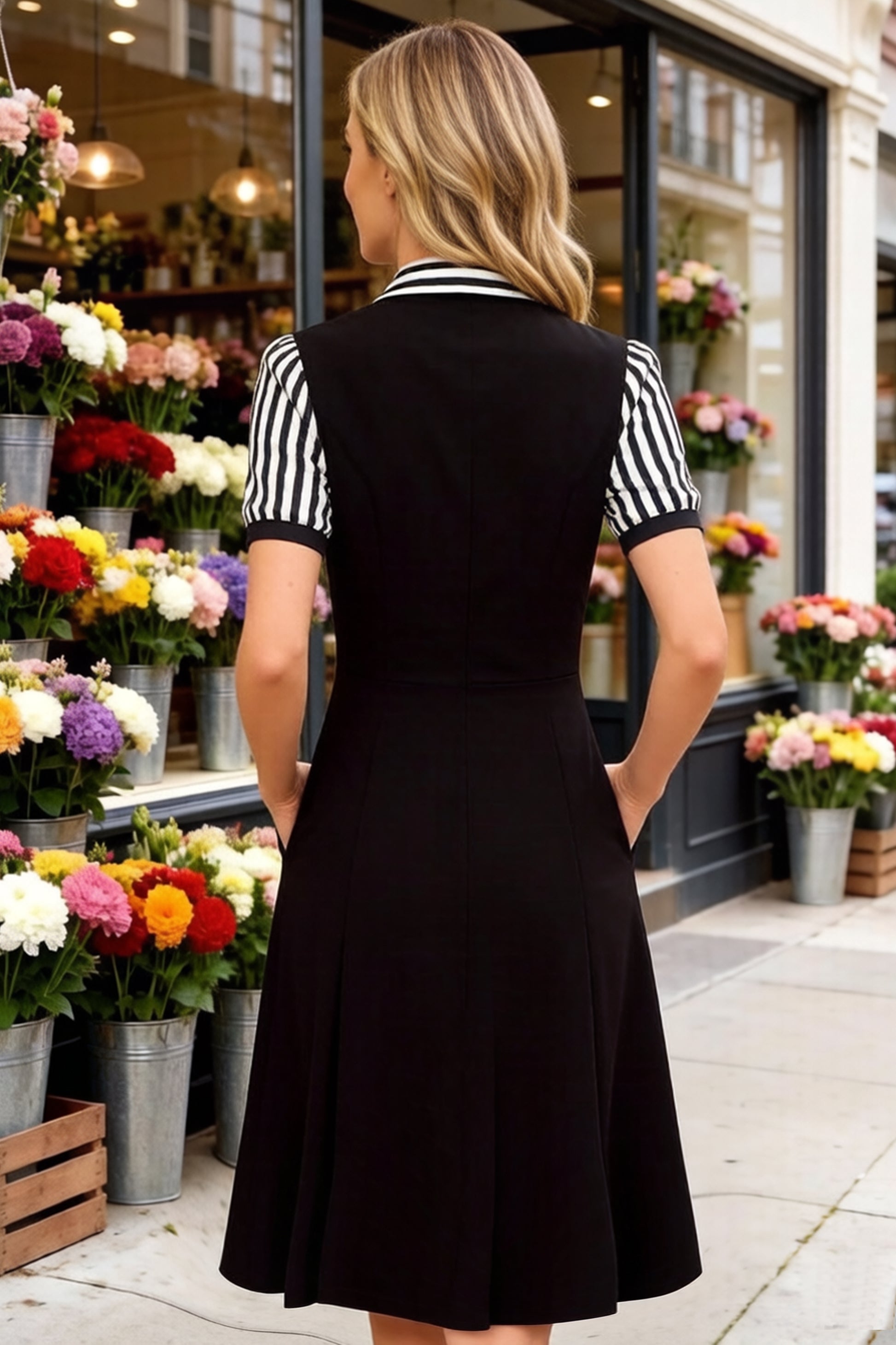 Women's Lapel V-Neck Pocket Short Sleeve Midi Dress - LAI MENG FIVE CATS