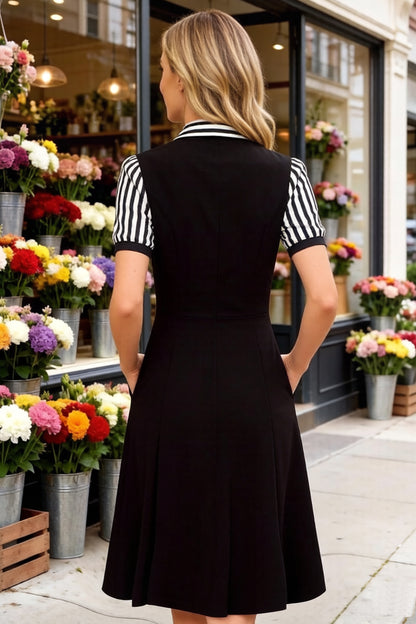 Women's Lapel V-Neck Pocket Short Sleeve Midi Dress - LAI MENG FIVE CATS