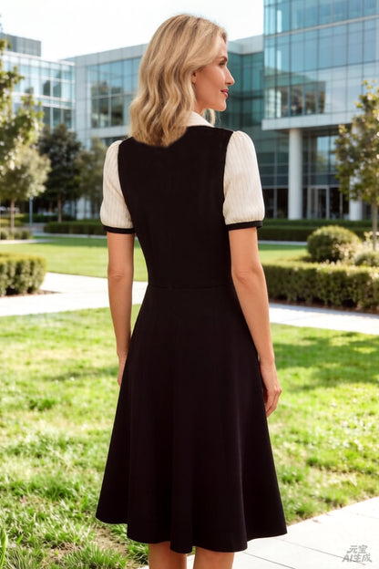 Women's Lapel V-Neck Pocket Short Sleeve Midi Dress - LAI MENG FIVE CATS