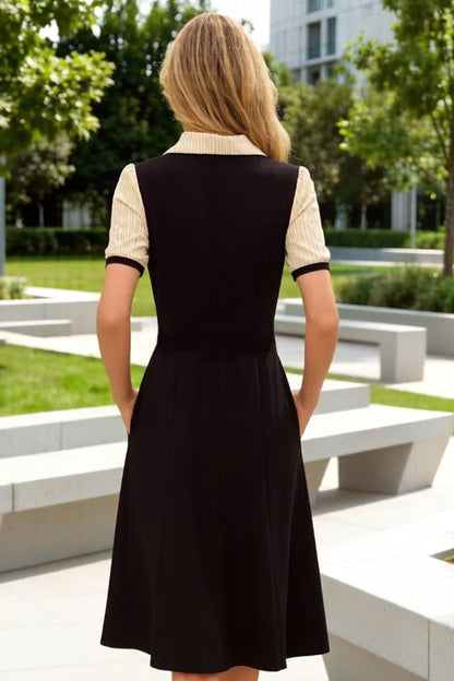 Women's Lapel V-Neck Pocket Short Sleeve Midi Dress - LAI MENG FIVE CATS