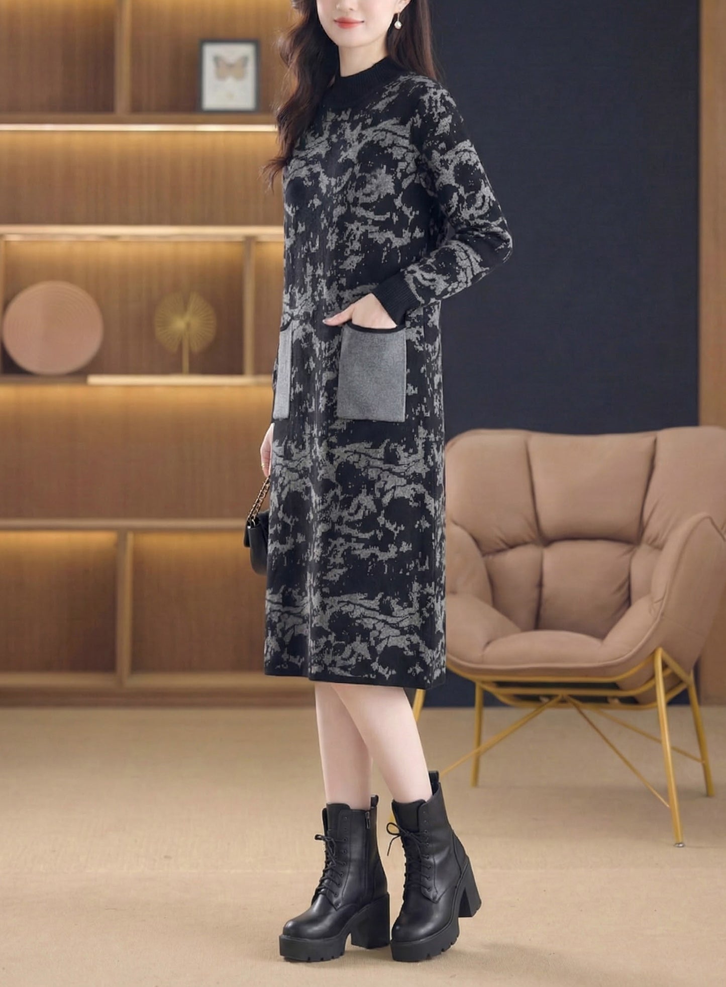 Women's Long Sleeve Knit Sweater Dress With Pocket